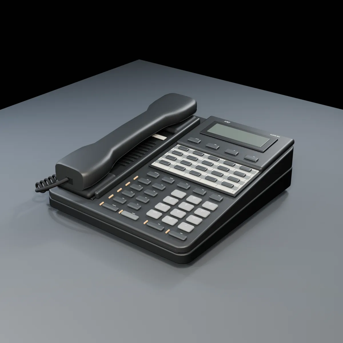 A detailed dark grey AT&T 954 office telephone reconstruction with handset, coiled cord, display, line keys, keypad, and labelled controls.