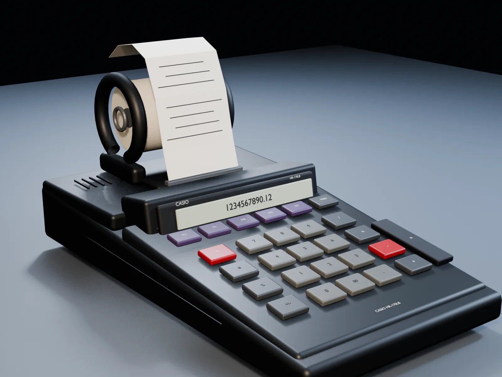 The accepted Casio HR-170LB printing calculator reconstruction, a dark grey late-1990s machine with grey, purple and red keys, printed paper, and a studio-lit surface.