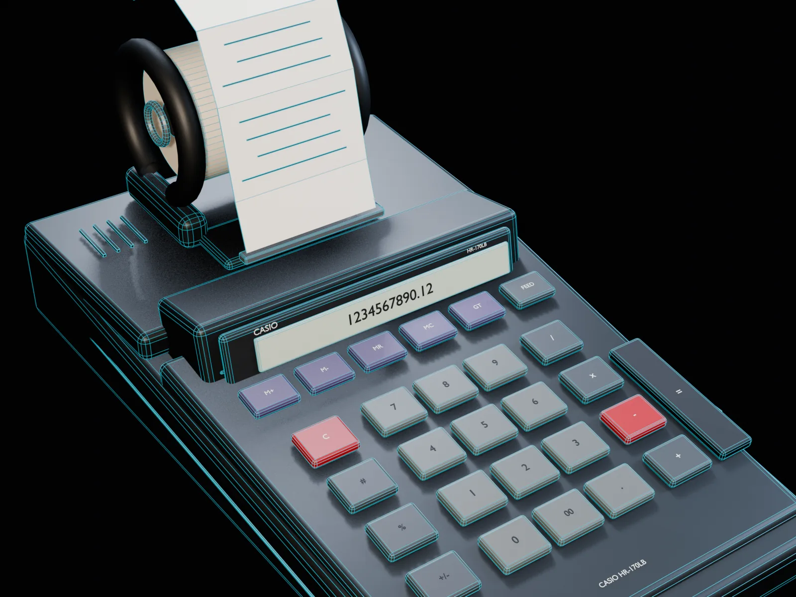 A close wireframe render of the rebuilt Casio printing calculator showing editable native Blender geometry around the body, keys, paper roll, display, and controls.