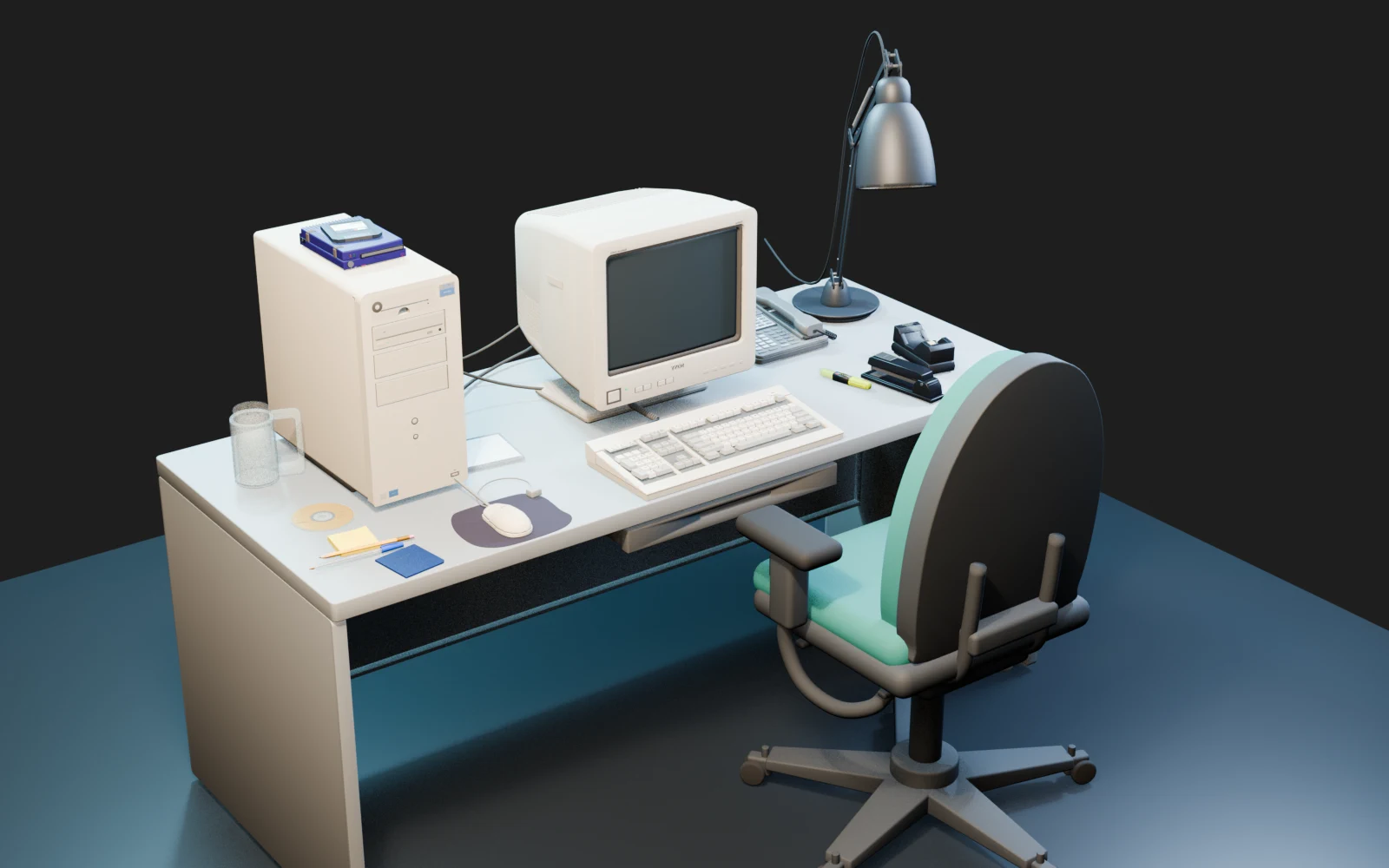 The accepted front-facing 1990s office desk vignette assembled from researched LOD0 components, including the desk, office chair, Dell OptiPlex GX1, Sony CPD-200ES monitor, IBM Model M keyboard, Microsoft Mouse 2.0, lamp, telephone and desk accessories.