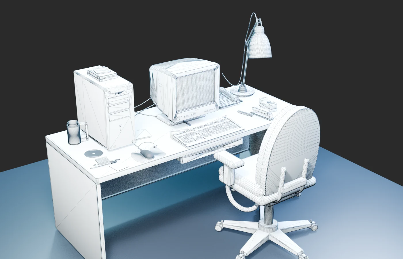 Front wireframe evidence render of the accepted 1990s office desk vignette, showing topology across the desk, chair, computer equipment, lamp, telephone and accessories.