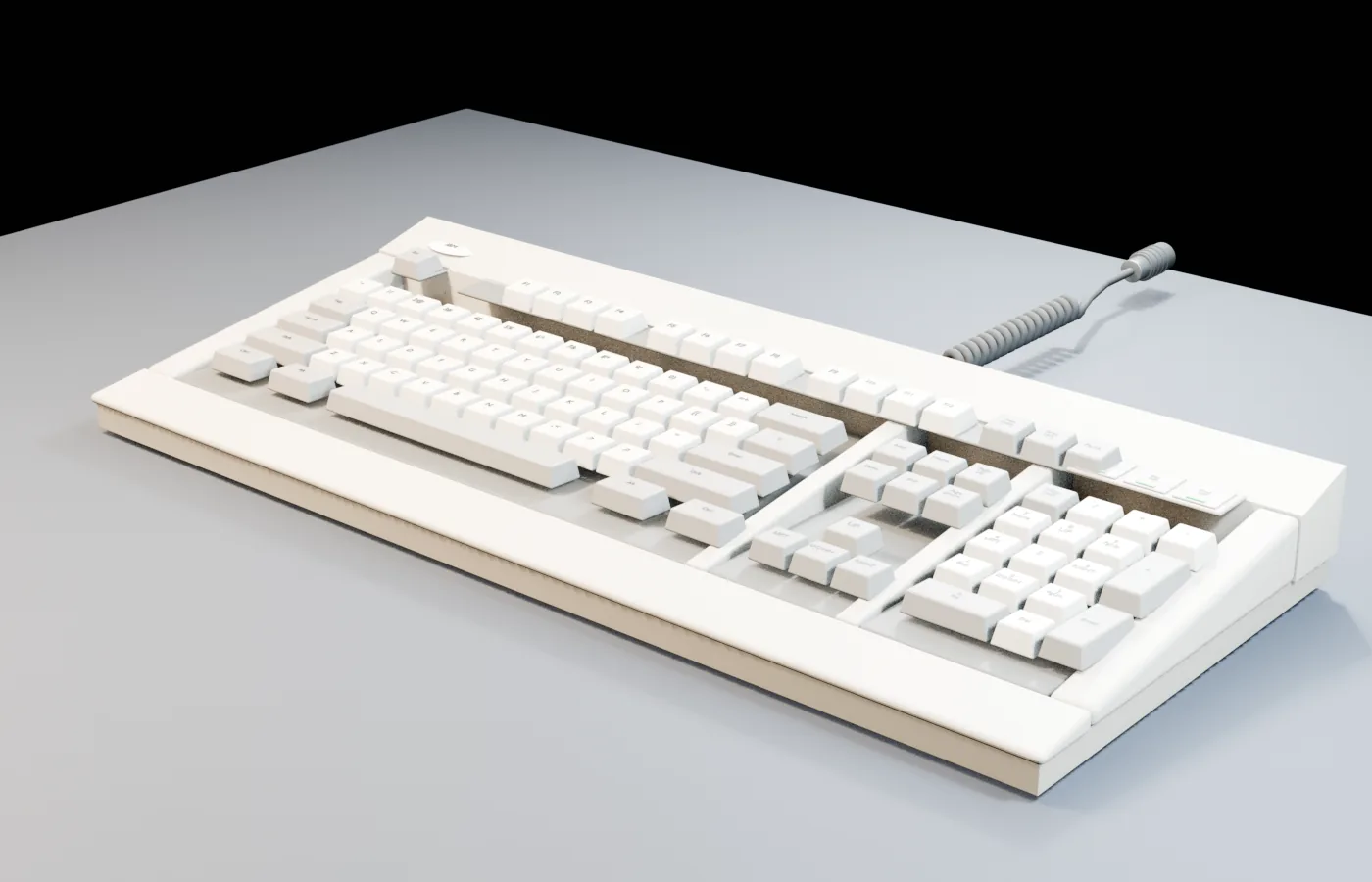 A detailed IBM Model M 1391401 keyboard reconstruction with full key layout, stepped case, function keys, number pad, indicators, and coiled cable.