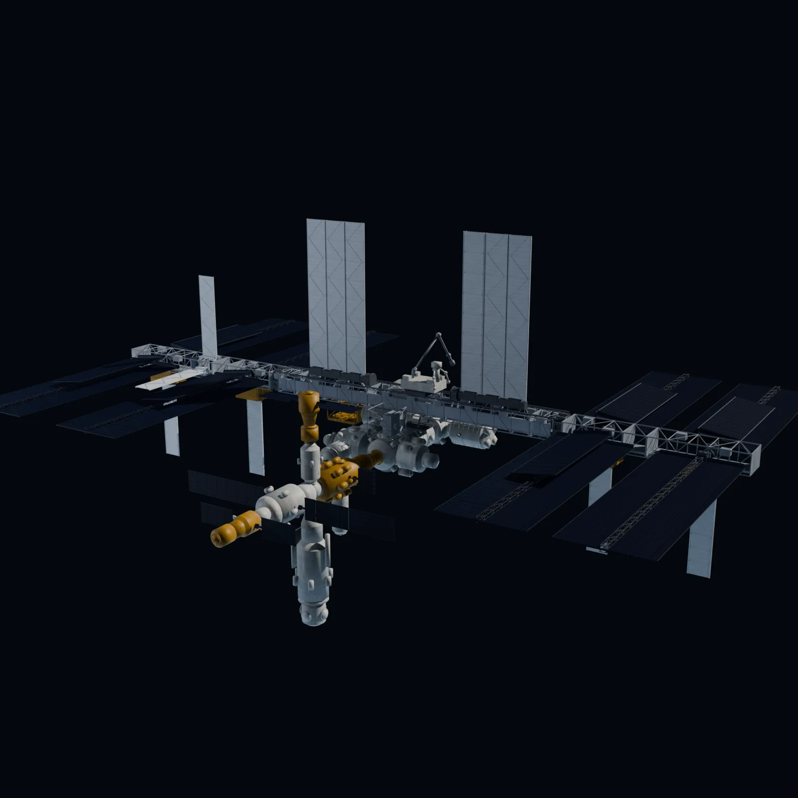 A full researched reconstruction of the International Space Station, with long trusses, eight solar array wings, radiators, laboratory modules, Russian segment, robotic arm, and docking structures visible against a dark studio background.
