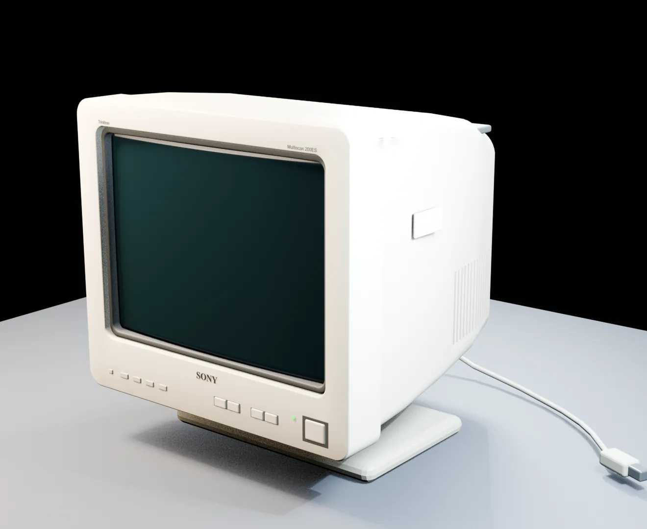 A white Sony Multiscan 200ES CRT monitor reconstruction with curved screen, front controls, vents, base, cable, and connector.
