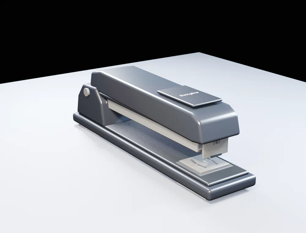 A studio render of a grey Swingline 747 desk stapler with visible metal mechanism, anvil, badge and hinge details.