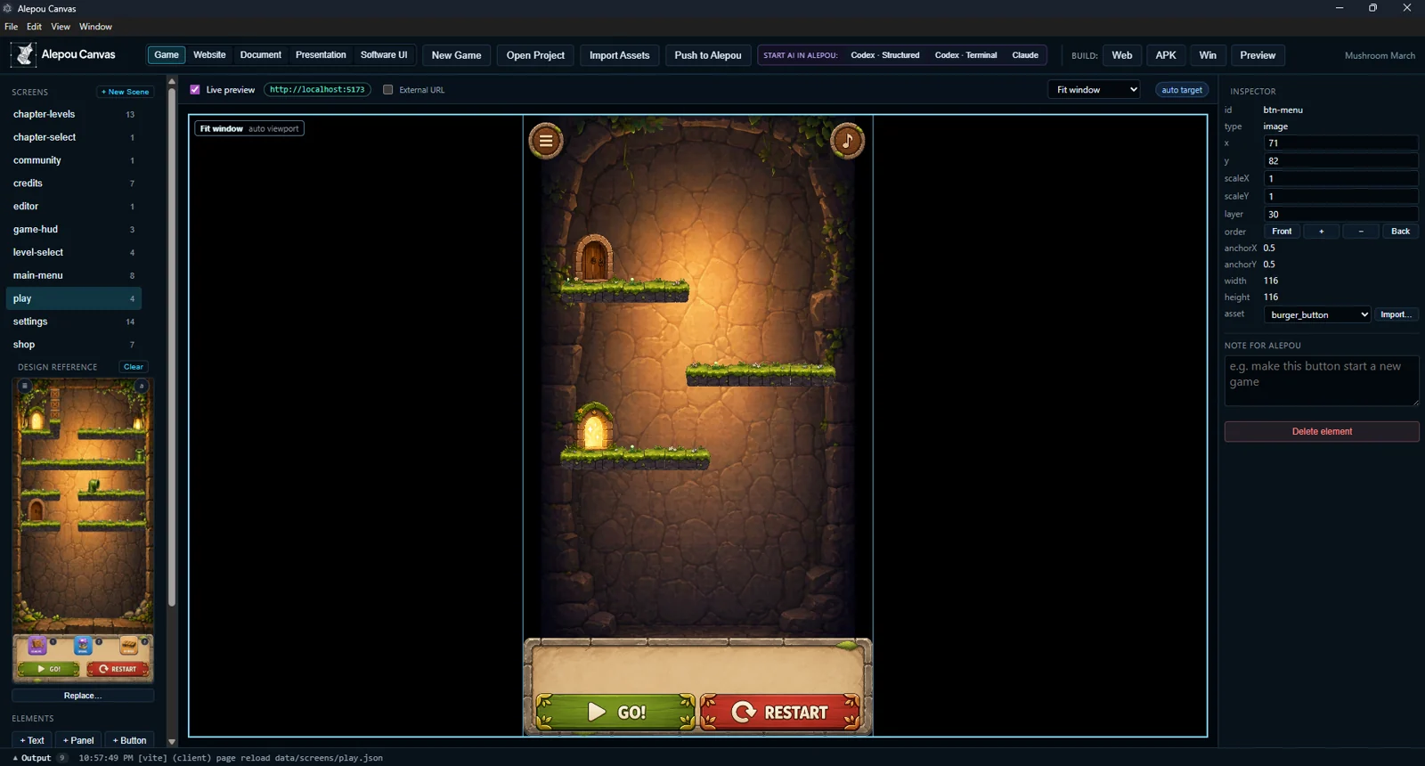 The running Alepou Canvas application with Mushroom March open: project screens on the left, live game preview in the centre, and the selected element inspector on the right.