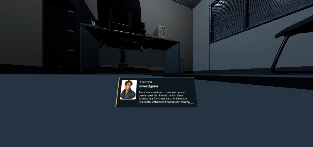 A bounded Unity Game view runtime capture of the 1990s office with a floating investigator narration panel.
